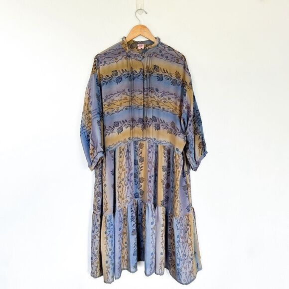 PBL 100% Silk Boho All Over Floral Printed 3/4 Sleeve Button Top Flounce Hem Max - Picture 1 of 12